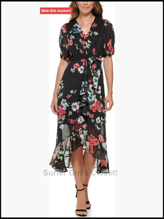 Dresses & Skirts - DKNY Ruffle Hem V-Neck Puff Sleeve Dress Women's Midi A-Line Zip Closure